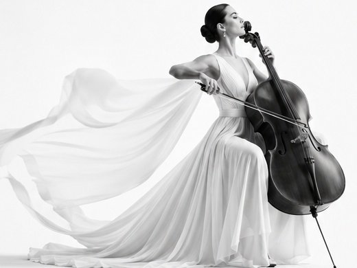 Elegant cellist in a flowing white dress